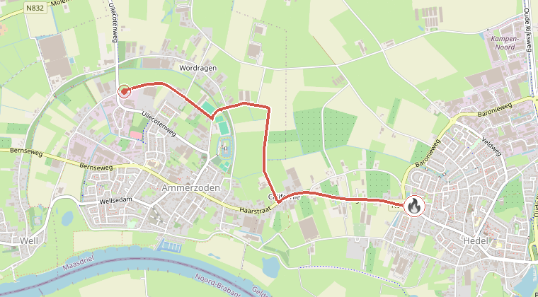 Kaart van de omgeving van de melding, met de kazerne die is gealarmeerd