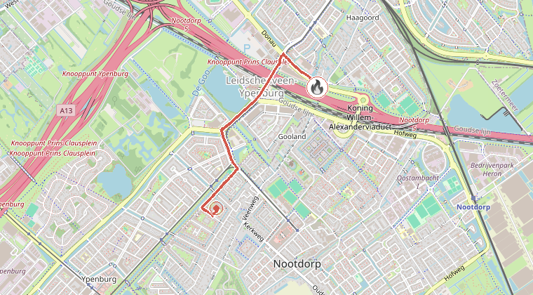 Kaart van de omgeving van de melding, met de kazerne die is gealarmeerd