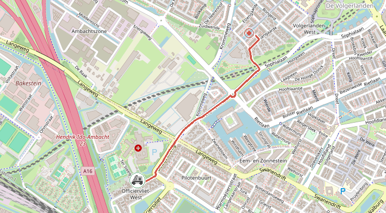 Kaart van de omgeving van de melding, met de kazerne die is gealarmeerd