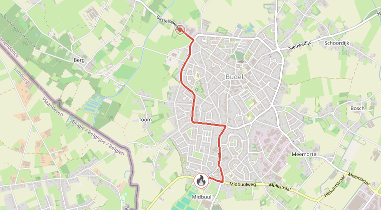 Kaart van de omgeving van de melding, met de kazerne die is gealarmeerd
