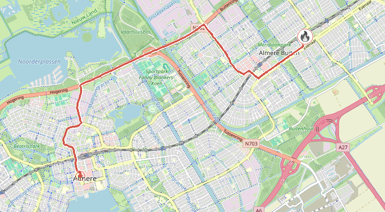 Kaart van de omgeving van de melding, met de kazerne die is gealarmeerd
