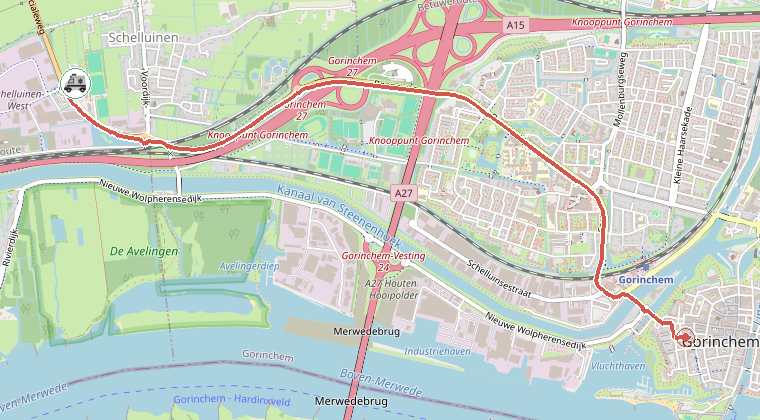 Kaart van de omgeving van de melding, met de kazerne die is gealarmeerd