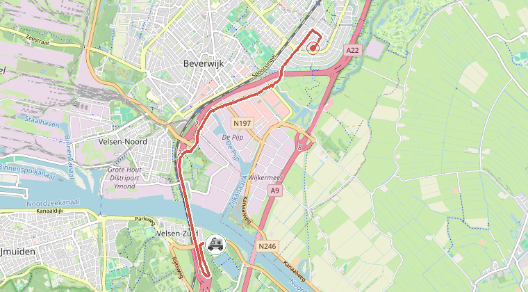 Kaart van de omgeving van de melding, met de kazerne die is gealarmeerd