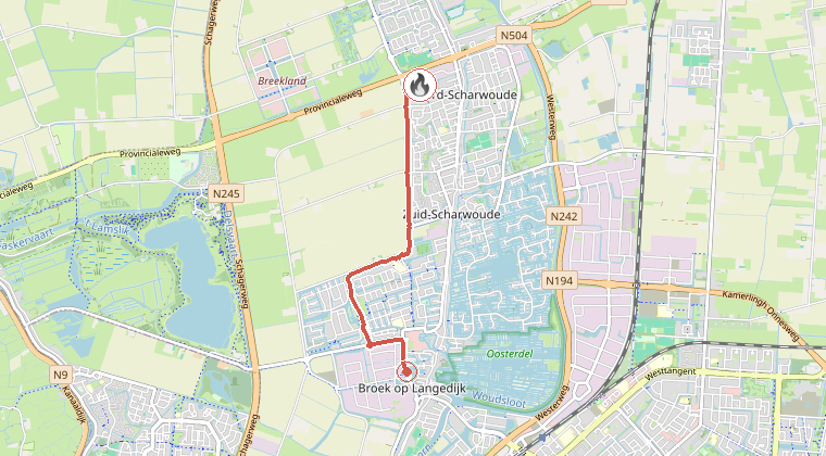 Kaart van de omgeving van de melding, met de kazerne die is gealarmeerd