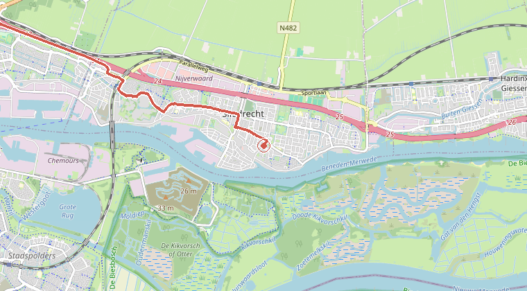 Kaart van de omgeving van de melding, met de kazerne die is gealarmeerd