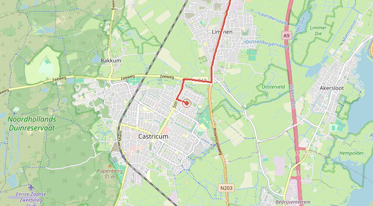 Kaart van de omgeving van de melding, met de kazerne die is gealarmeerd
