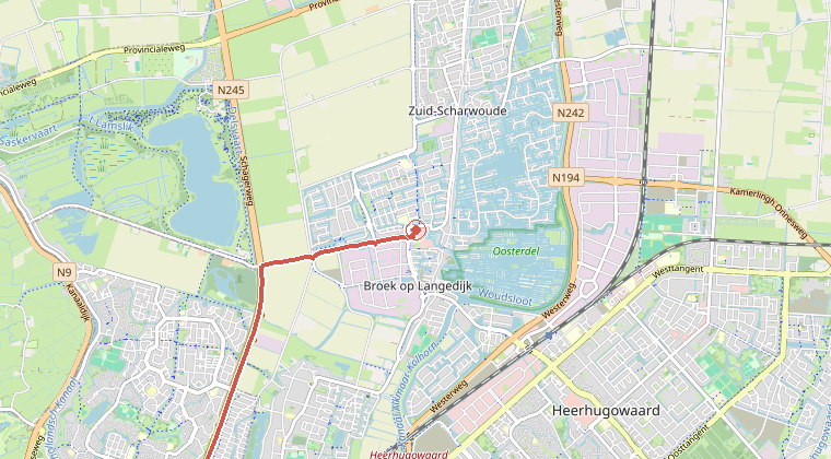 Kaart van de omgeving van de melding, met de kazerne die is gealarmeerd