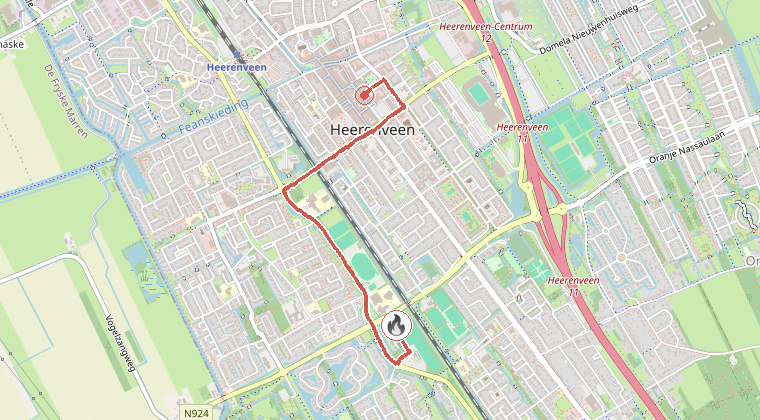 Kaart van de omgeving van de melding, met de kazerne die is gealarmeerd