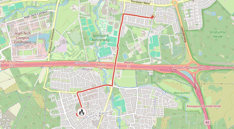Kaart van de omgeving van de melding, met de kazerne die is gealarmeerd