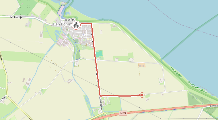 Kaart van de omgeving van de melding, met de kazerne die is gealarmeerd