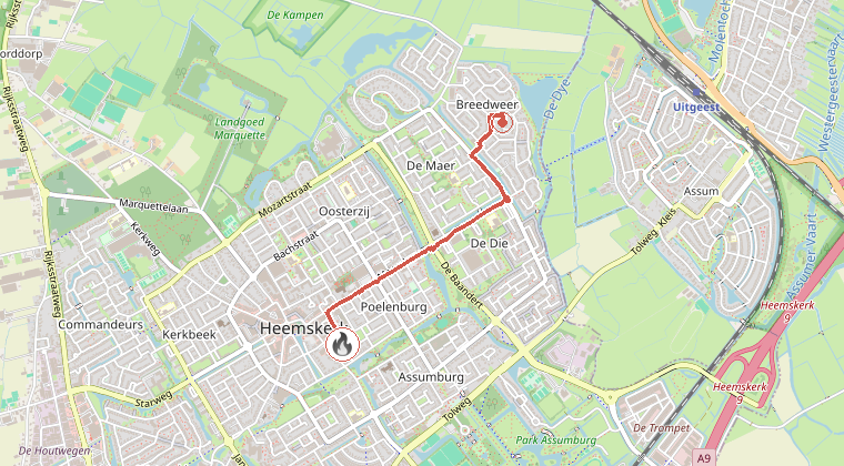Kaart van de omgeving van de melding, met de kazerne die is gealarmeerd