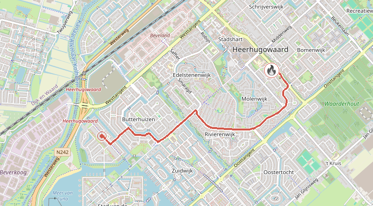 Kaart van de omgeving van de melding, met de kazerne die is gealarmeerd