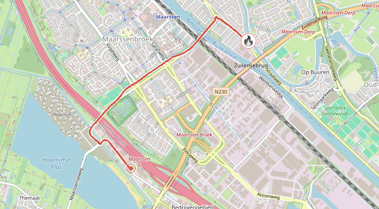 Kaart van de omgeving van de melding, met de kazerne die is gealarmeerd