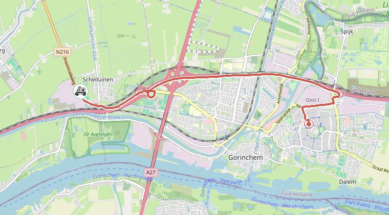 Kaart van de omgeving van de melding, met de kazerne die is gealarmeerd