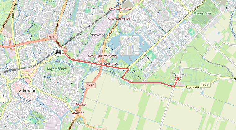 Kaart van de omgeving van de melding, met de kazerne die is gealarmeerd
