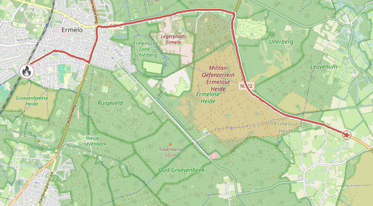 Kaart van de omgeving van de melding, met de kazerne die is gealarmeerd