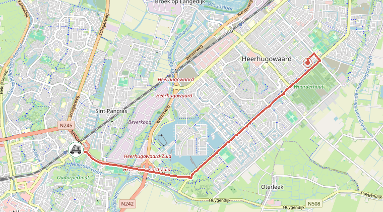 Kaart van de omgeving van de melding, met de kazerne die is gealarmeerd