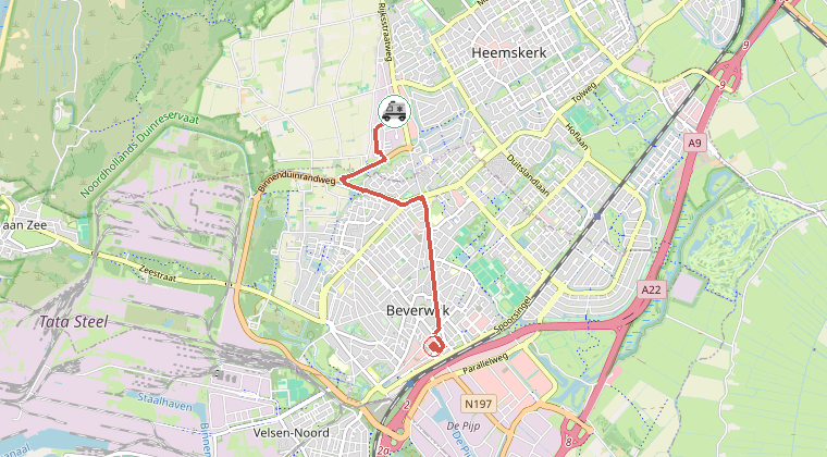 Kaart van de omgeving van de melding, met de kazerne die is gealarmeerd