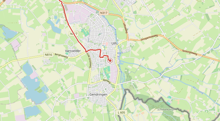 Kaart van de omgeving van de melding, met de kazerne die is gealarmeerd