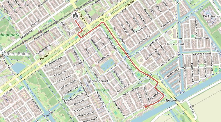Kaart van de omgeving van de melding, met de kazerne die is gealarmeerd