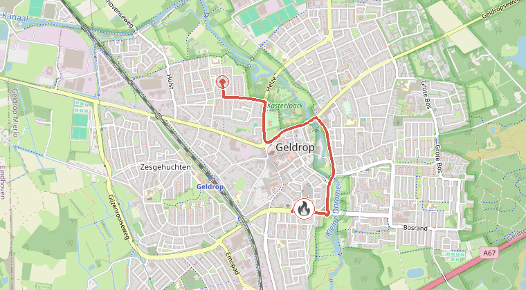 Kaart van de omgeving van de melding, met de kazerne die is gealarmeerd