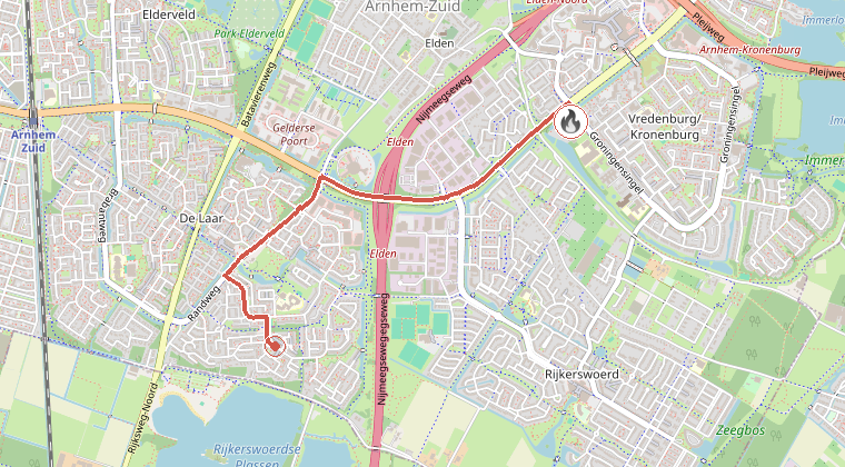 Kaart van de omgeving van de melding, met de kazerne die is gealarmeerd