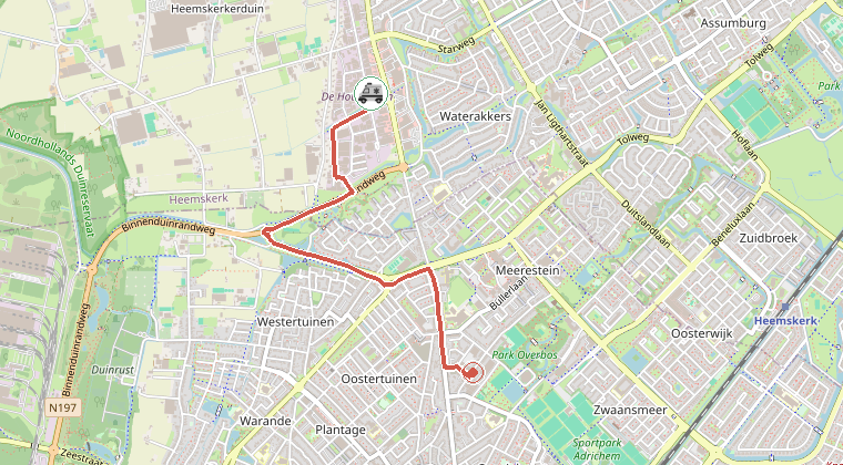 Kaart van de omgeving van de melding, met de kazerne die is gealarmeerd