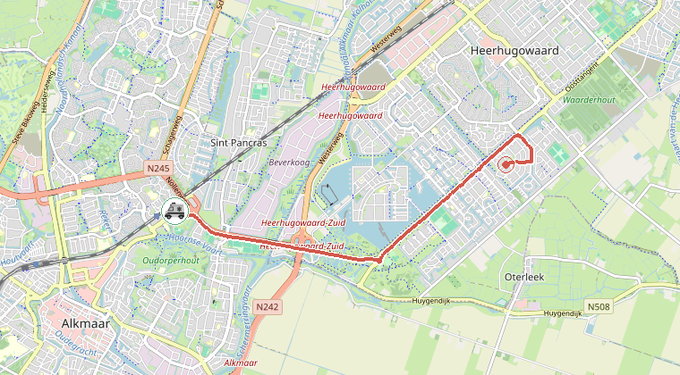 Kaart van de omgeving van de melding, met de kazerne die is gealarmeerd
