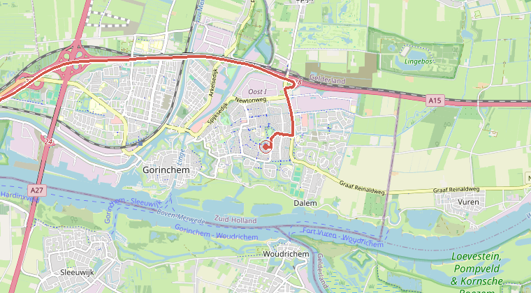 Kaart van de omgeving van de melding, met de kazerne die is gealarmeerd