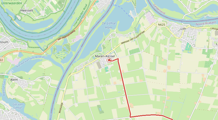 Kaart van de omgeving van de melding, met de kazerne die is gealarmeerd