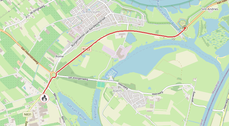 Kaart van de omgeving van de melding, met de kazerne die is gealarmeerd