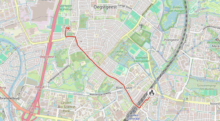 Kaart van de omgeving van de melding, met de kazerne die is gealarmeerd