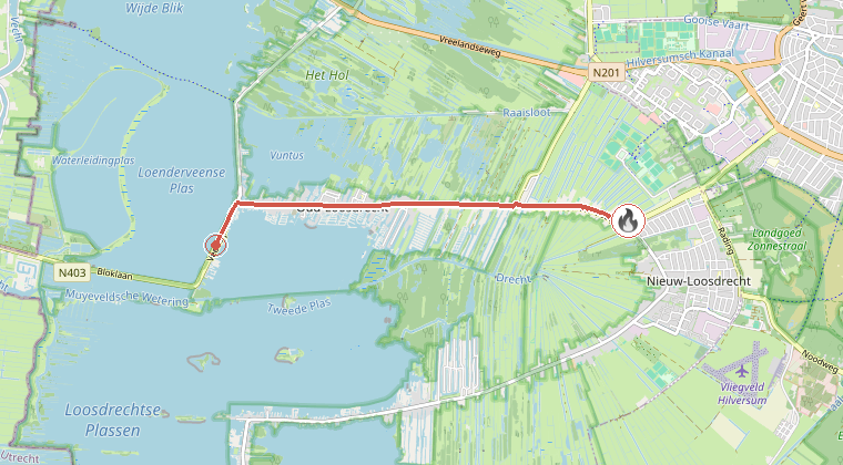 Kaart van de omgeving van de melding, met de kazerne die is gealarmeerd