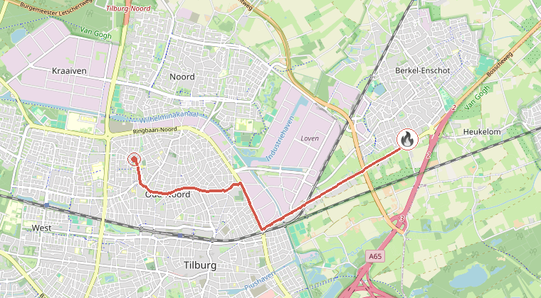 Kaart van de omgeving van de melding, met de kazerne die is gealarmeerd