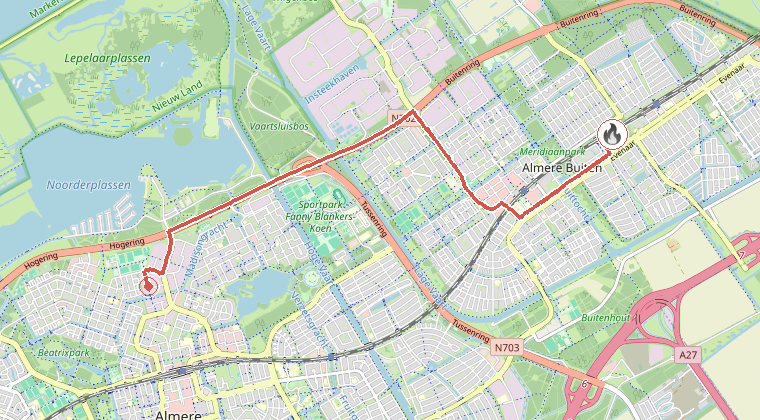 Kaart van de omgeving van de melding, met de kazerne die is gealarmeerd