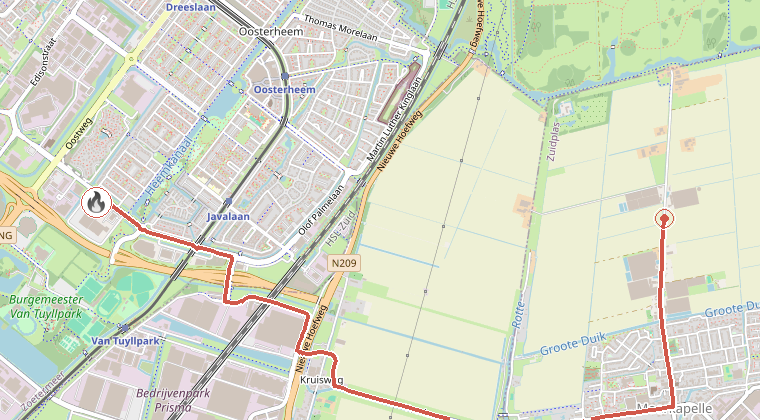 Kaart van de omgeving van de melding, met de kazerne die is gealarmeerd