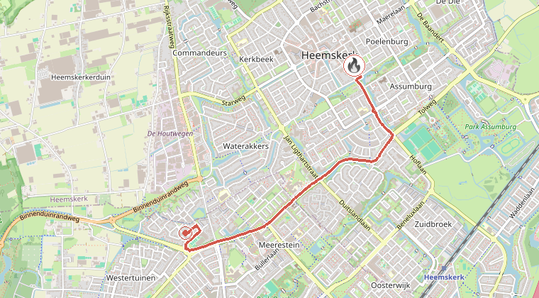 Kaart van de omgeving van de melding, met de kazerne die is gealarmeerd