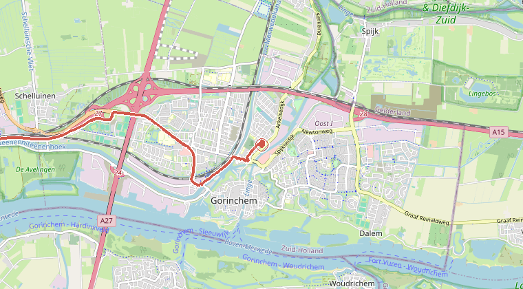 Kaart van de omgeving van de melding, met de kazerne die is gealarmeerd