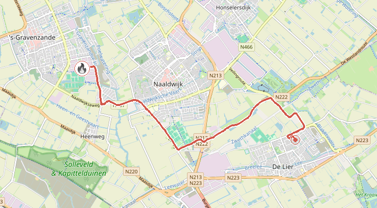 Kaart van de omgeving van de melding, met de kazerne die is gealarmeerd