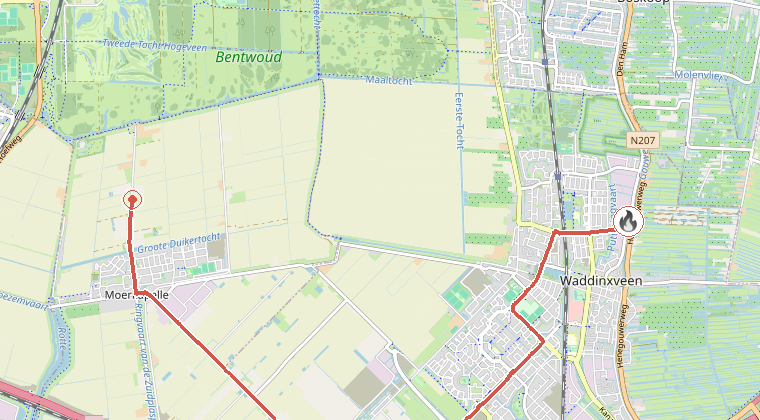 Kaart van de omgeving van de melding, met de kazerne die is gealarmeerd