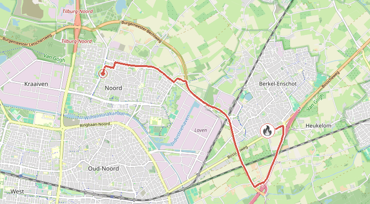 Kaart van de omgeving van de melding, met de kazerne die is gealarmeerd