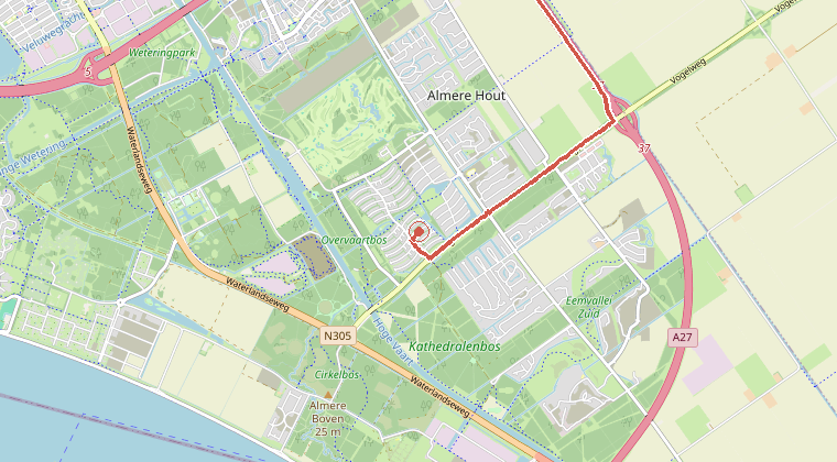 Kaart van de omgeving van de melding, met de kazerne die is gealarmeerd