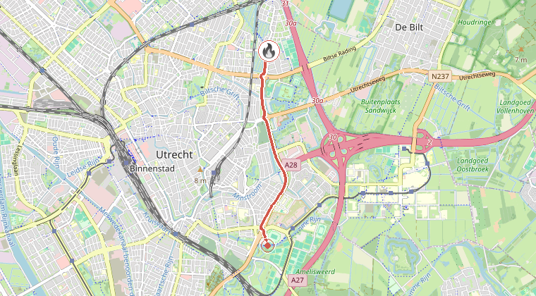 Kaart van de omgeving van de melding, met de kazerne die is gealarmeerd