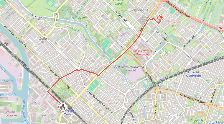Kaart van de omgeving van de melding, met de kazerne die is gealarmeerd