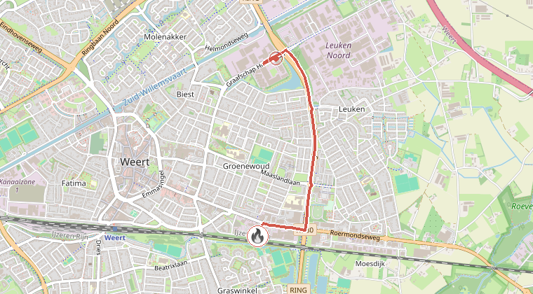 Kaart van de omgeving van de melding, met de kazerne die is gealarmeerd