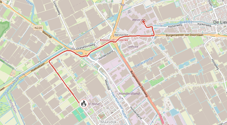 Kaart van de omgeving van de melding, met de kazerne die is gealarmeerd