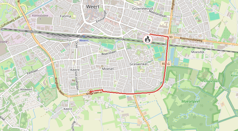 Kaart van de omgeving van de melding, met de kazerne die is gealarmeerd