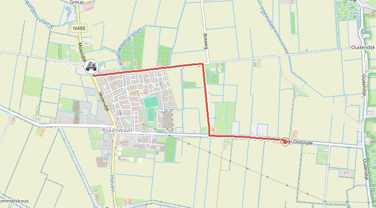 Kaart van de omgeving van de melding, met de kazerne die is gealarmeerd