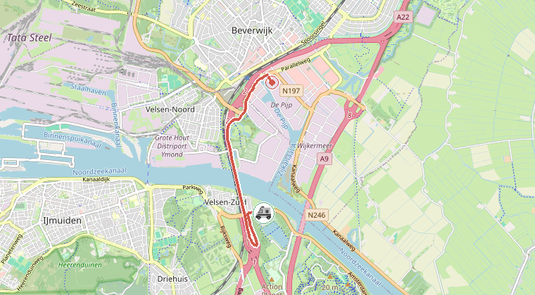 Kaart van de omgeving van de melding, met de kazerne die is gealarmeerd