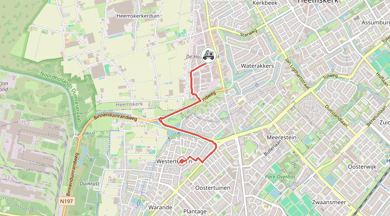 Kaart van de omgeving van de melding, met de kazerne die is gealarmeerd